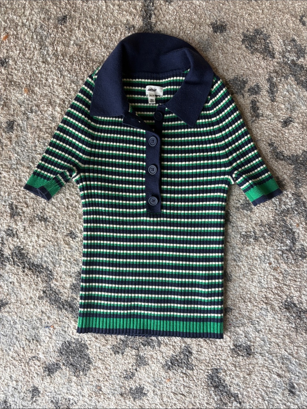 aerie Striped Ribbed Polo - Navy, Green & White